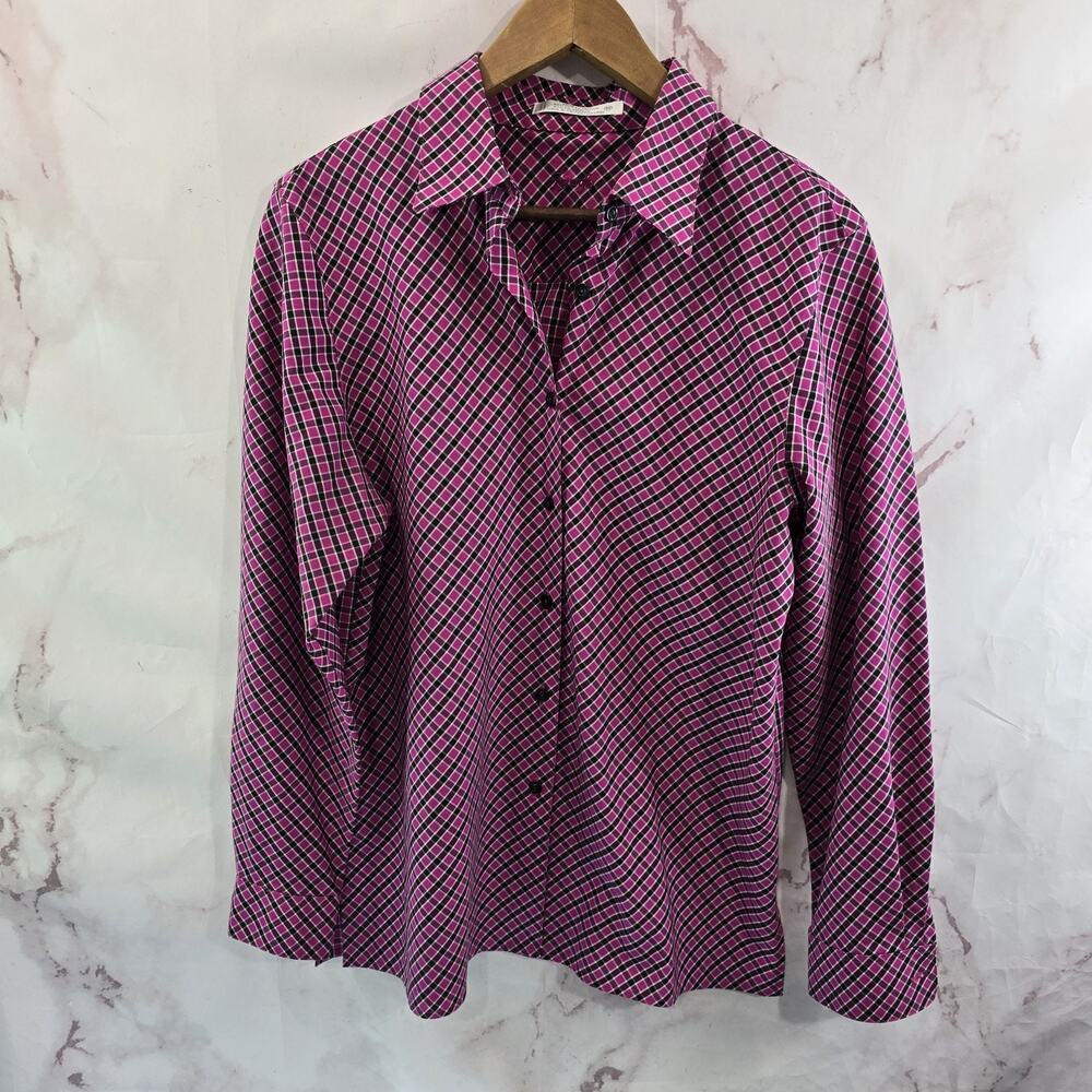 Foxcroft Shirt Womens 10 Pink Black Plaid Button Wrinkle Free Shaped Non Iron